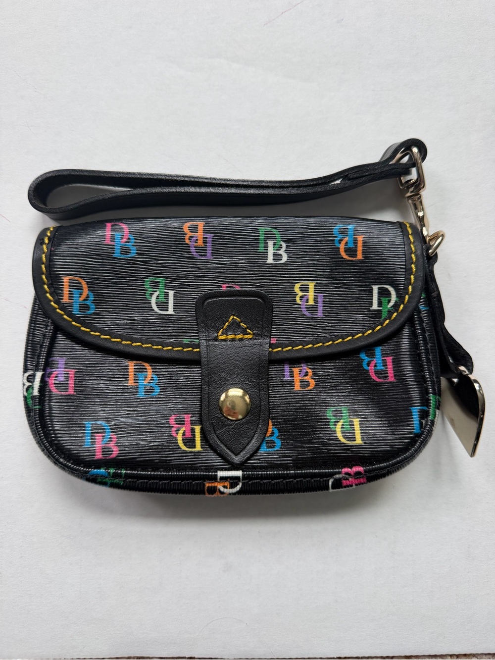 Dooney & Bourke Multicolor DB Monogram Flap Wristlet Black Y2K Vintage Style